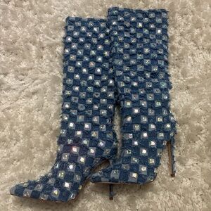 Stylish Blue Embellished Heeled Boots